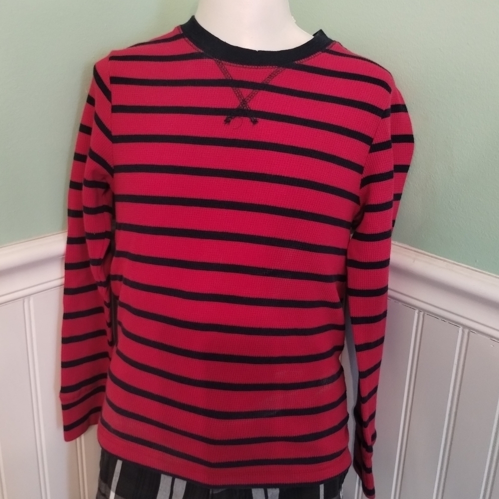 Boys long sleeve red and navy blue stripped shirt